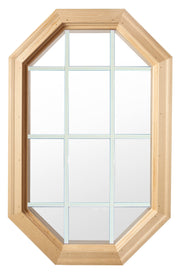 Tall Cabin Light Wood Stationary Octagon Window Clear IG Glass 12 light White Grille In Glass