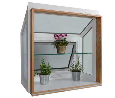 garden window with plant shelving