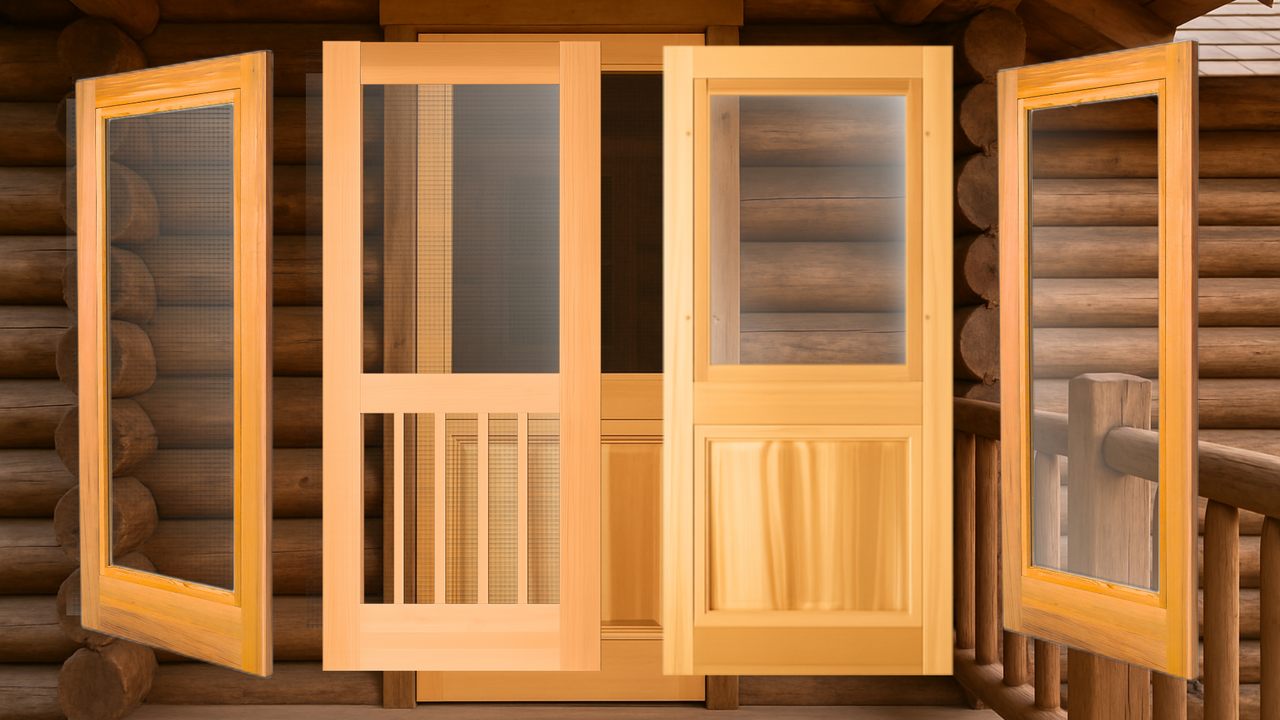 Cedar storm doors for cabins, Douglas Fir screen doors rustic homes, Western Red Cedar screen doors, Wood storm doors for cabins, Rustic cedar screen door, Custom Douglas Fir storm doors, Handcrafted wood screen doors