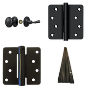 Black Hardware Kit including Latch set, regular hinge, spring hinge and door bottom sweep.