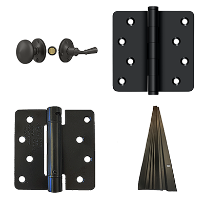 Bronze Hardware Kit including Latch set, regular hinge, spring hinge and door bottom sweep.