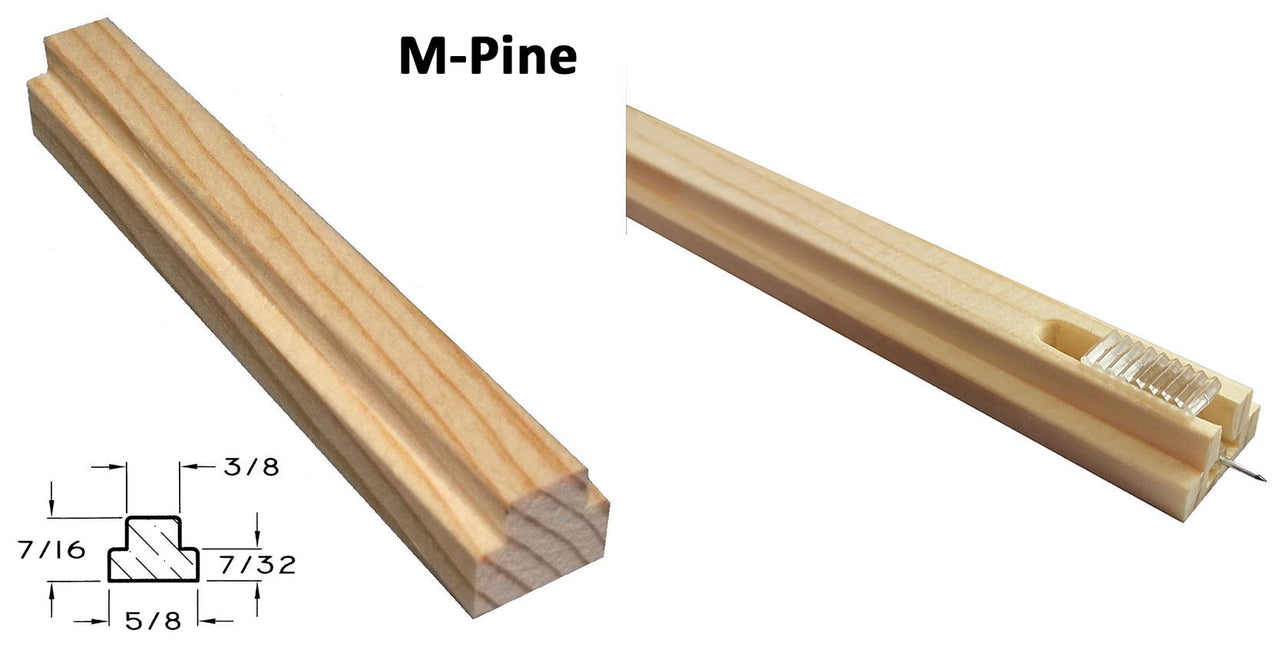 M-Pine Grille bar with size insert on left and bar showing push pin fastener on right