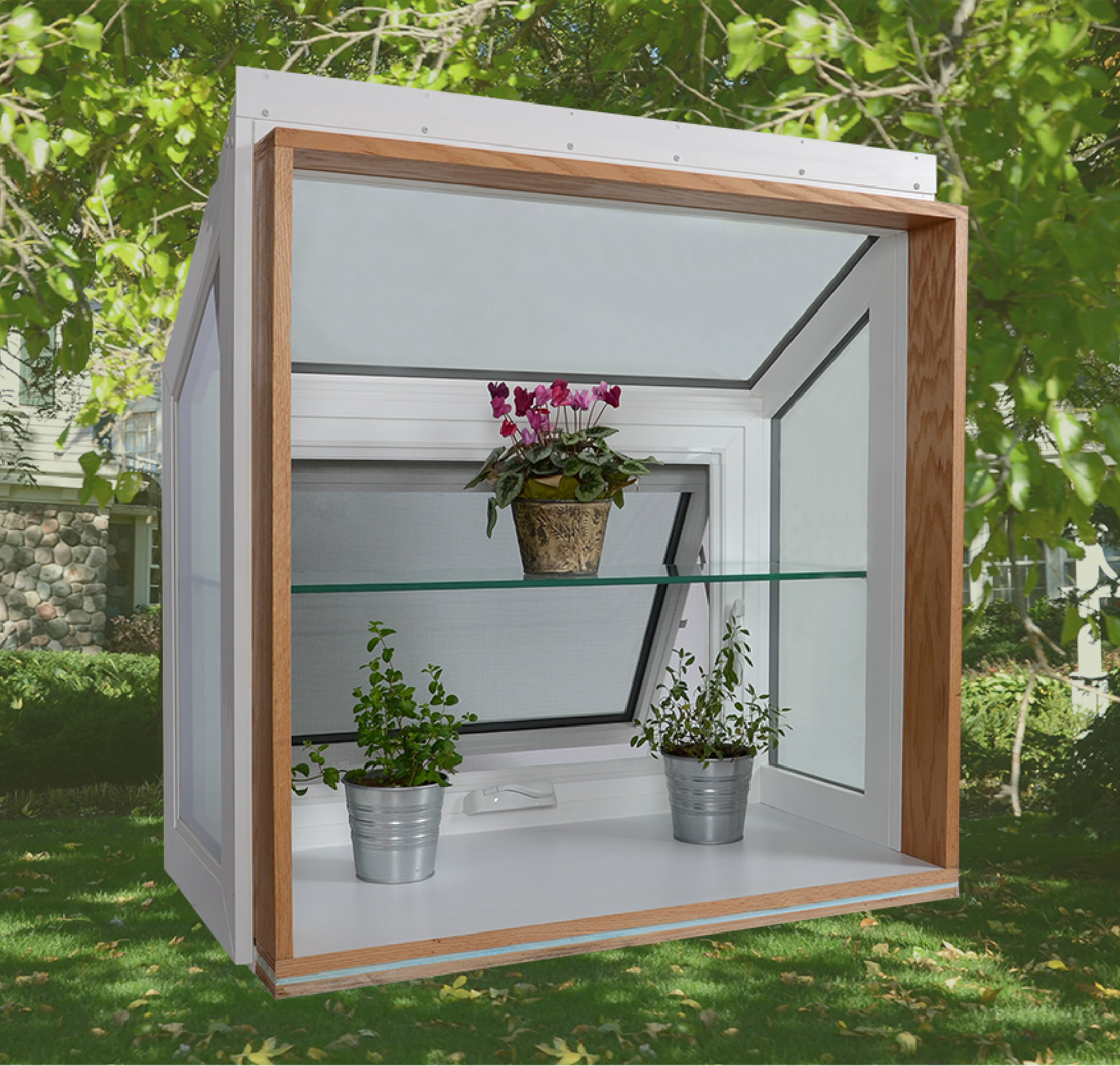 Interior view of a garden window open with flowers on display.