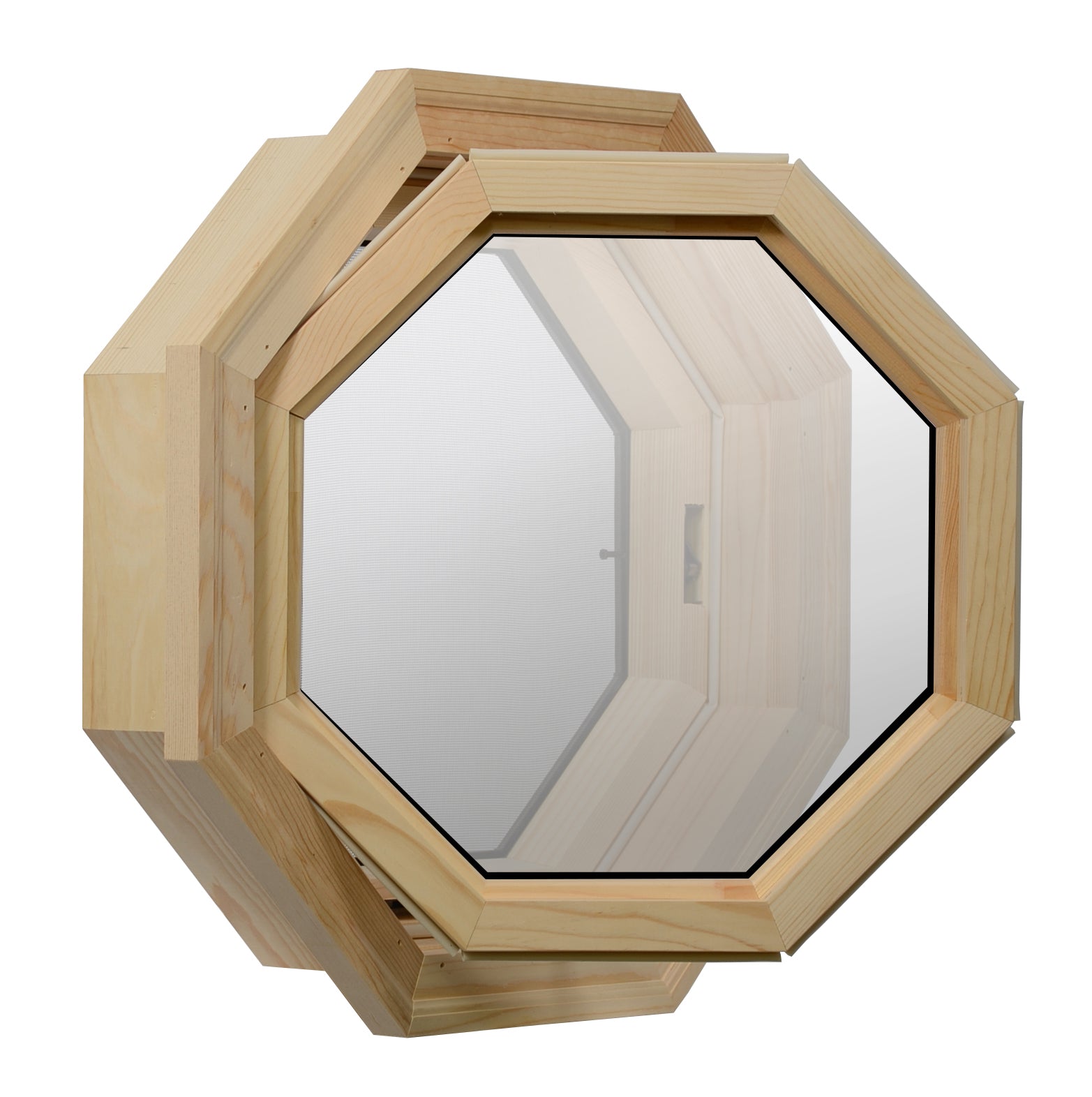 Cabin Breeze Wood Vent Octagon Clear IG Left Hinge Open